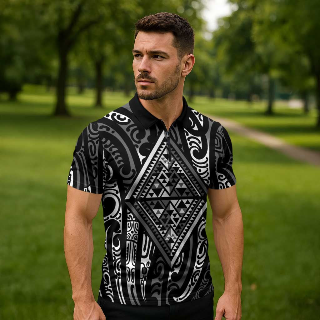 New Zealand Maori Taniko Zipper Polo Shirt Black Kowhaiwhai Puhoro - Aussie Hoodie