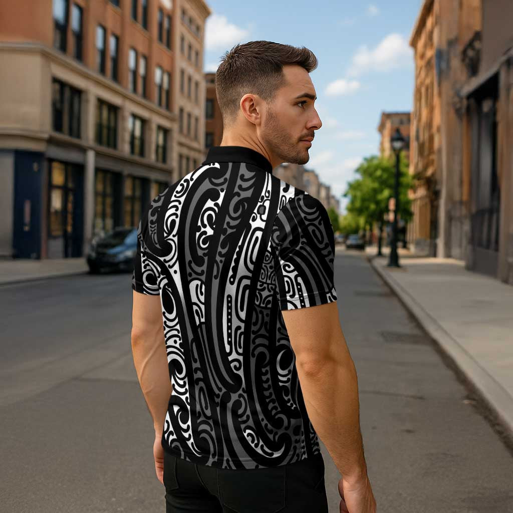 New Zealand Maori Taniko Zipper Polo Shirt Black Kowhaiwhai Puhoro - Aussie Hoodie
