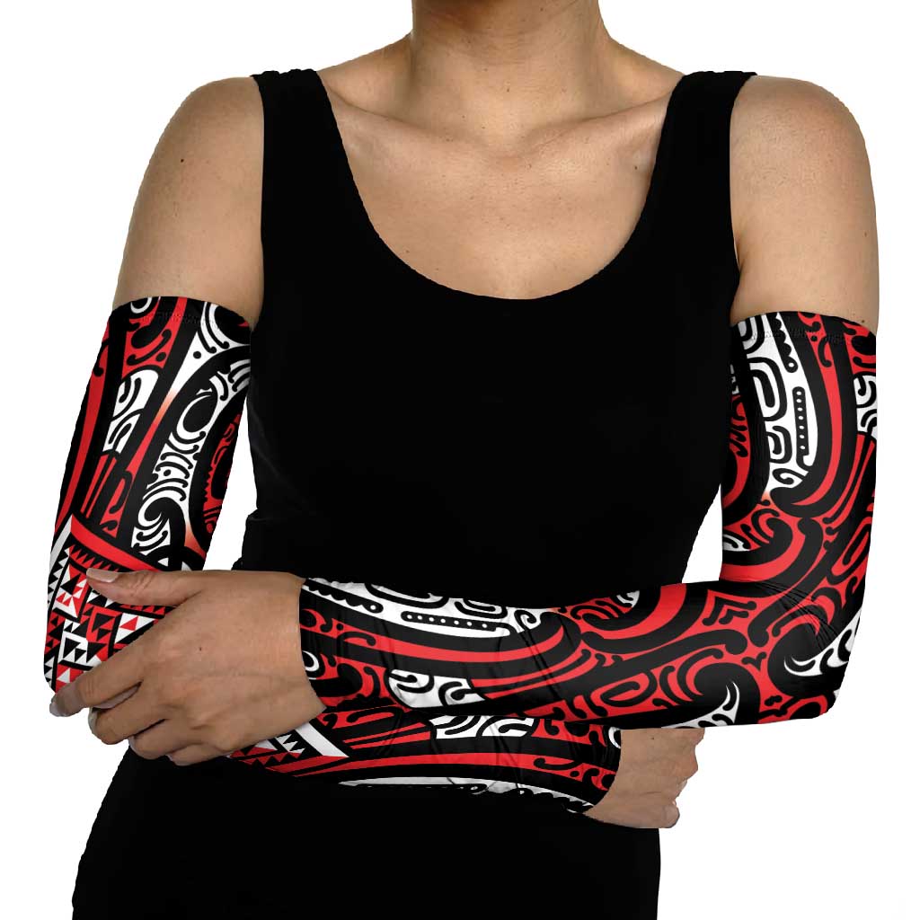 New Zealand Maori Taniko Arm Sleeves Red Kowhaiwhai Puhoro - Aussie Hoodie