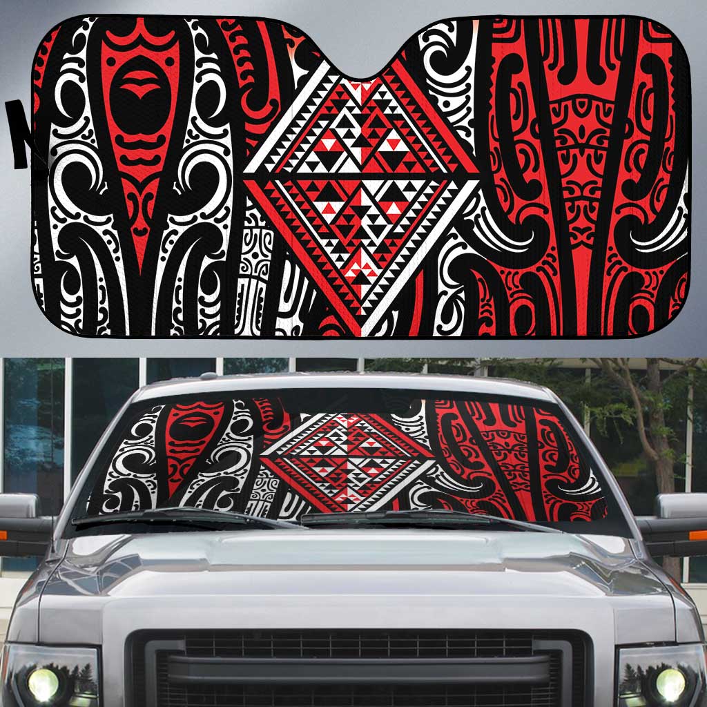 New Zealand Maori Taniko Auto Sun Shade Red Kowhaiwhai Puhoro - Aussie Hoodie