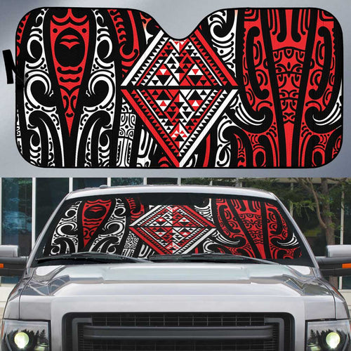 New Zealand Maori Taniko Auto Sun Shade Red Kowhaiwhai Puhoro - Aussie Hoodie