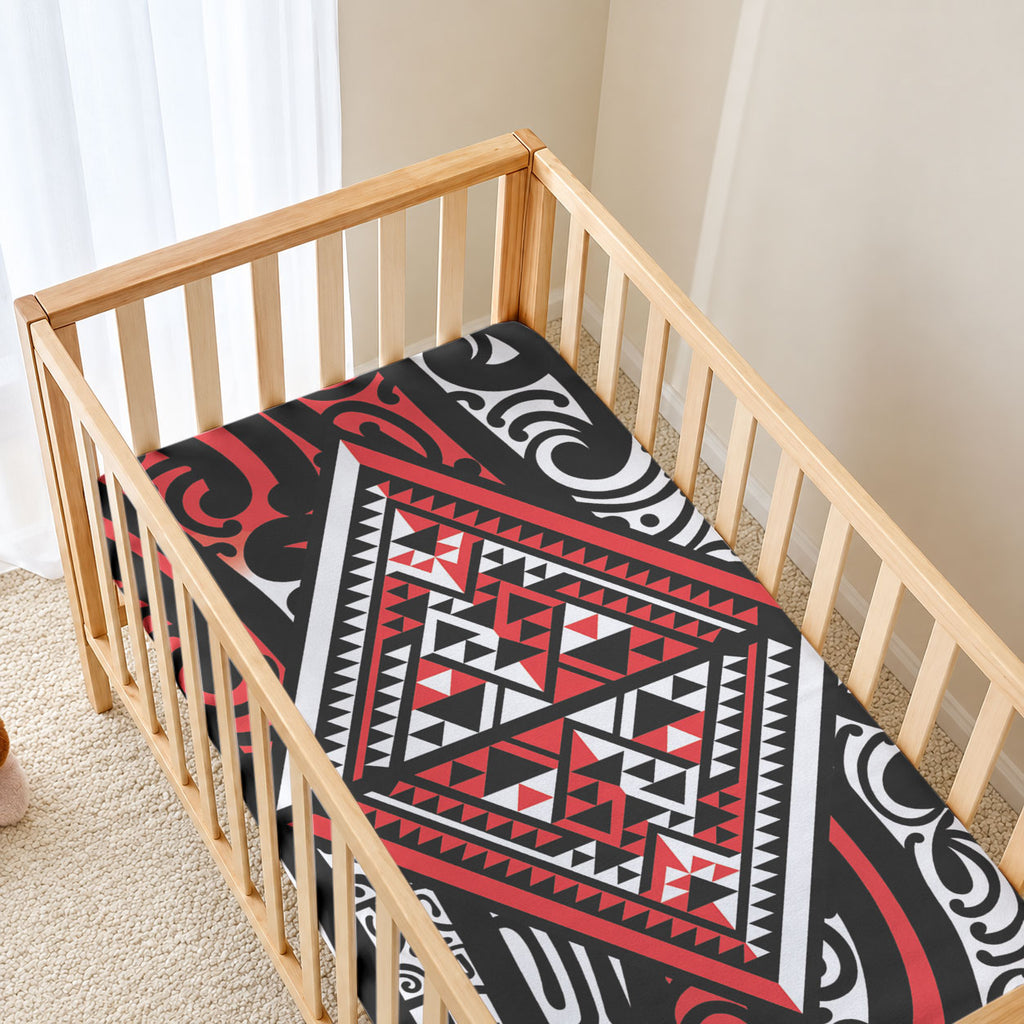 New Zealand Maori Taniko Baby Bed Cover Red Kowhaiwhai Puhoro