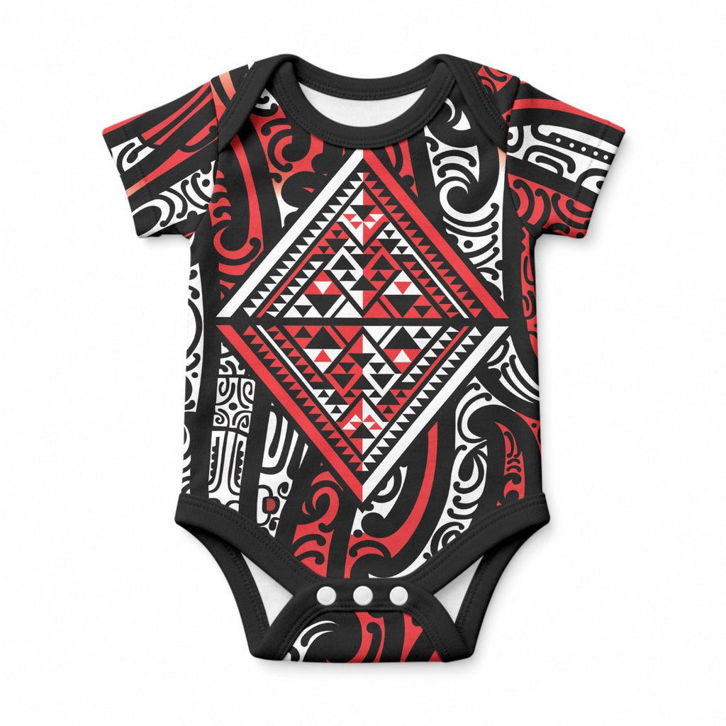 New Zealand Maori Taniko Baby Onesie Red Kowhaiwhai Puhoro