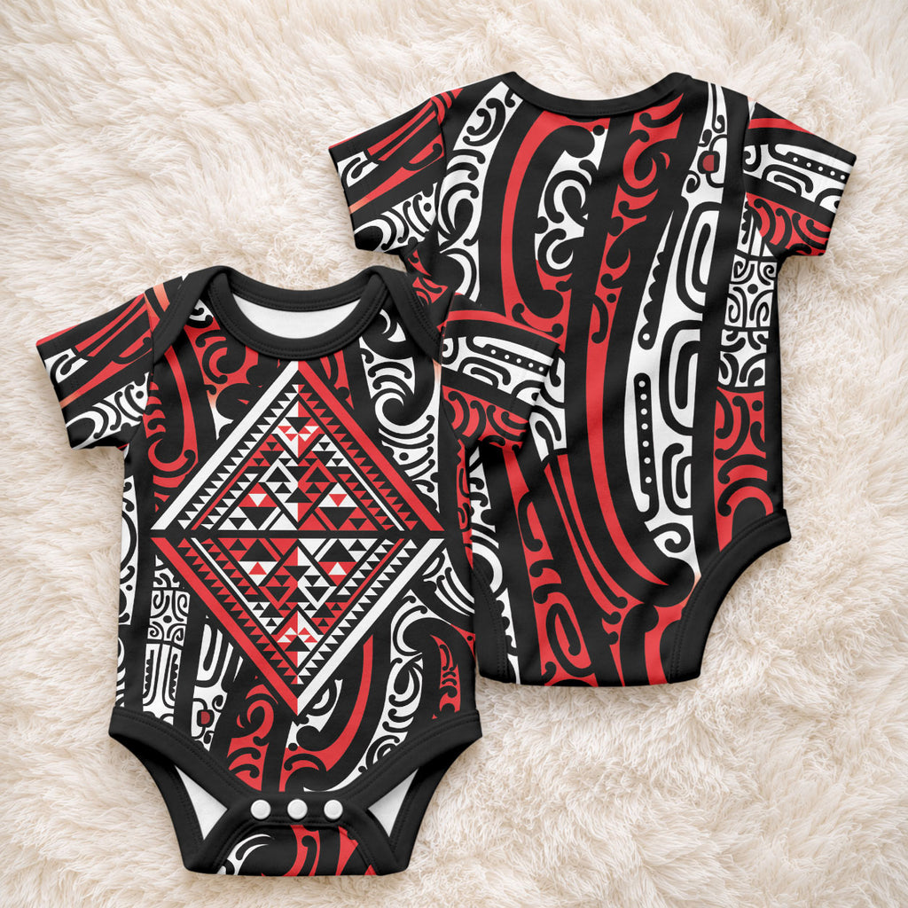 New Zealand Maori Taniko Baby Onesie Red Kowhaiwhai Puhoro