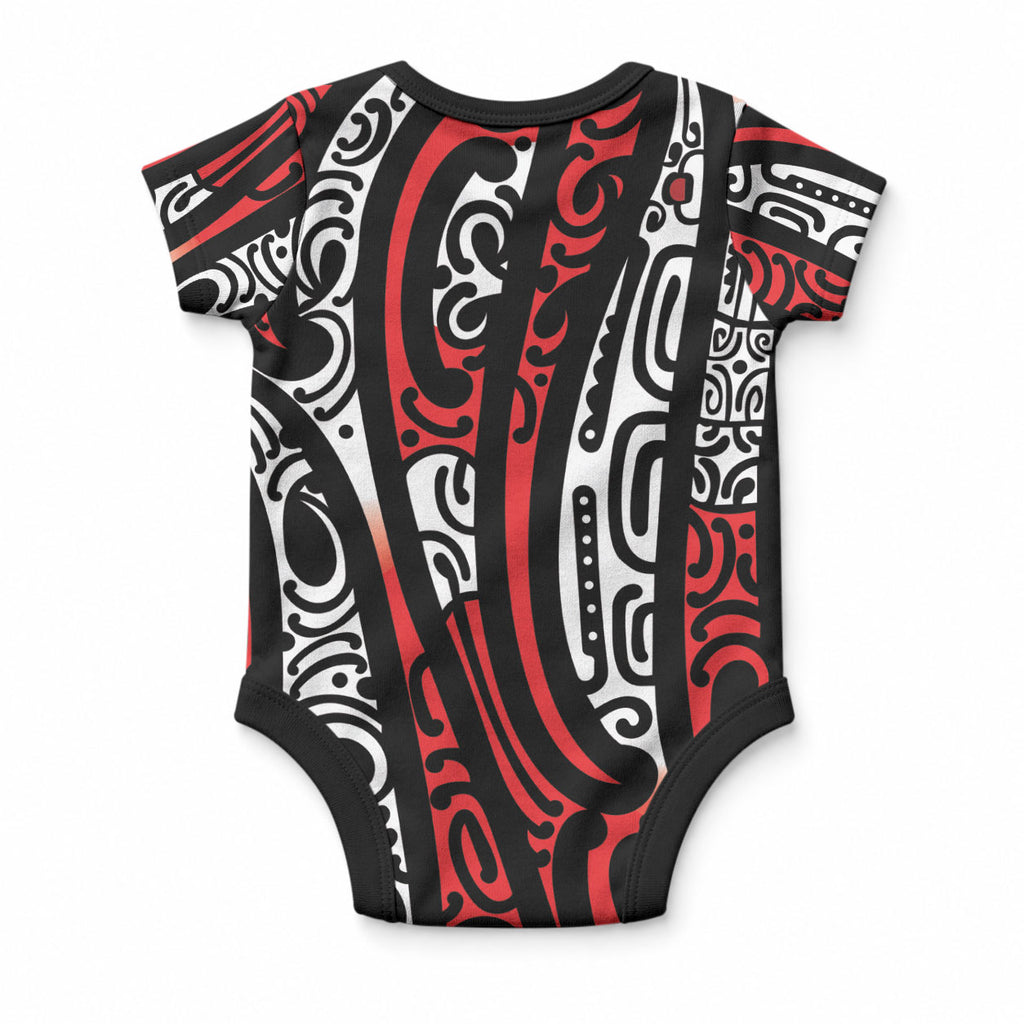 New Zealand Maori Taniko Baby Onesie Red Kowhaiwhai Puhoro