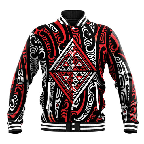 New Zealand Maori Taniko Baseball Jacket Red Kowhaiwhai Puhoro