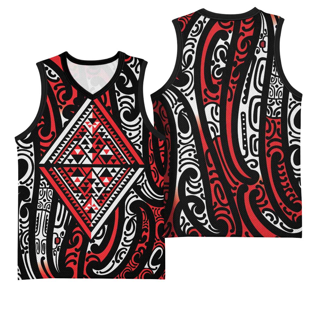 New Zealand Maori Taniko Basketball Jersey Red Kowhaiwhai Puhoro - Aussie Hoodie