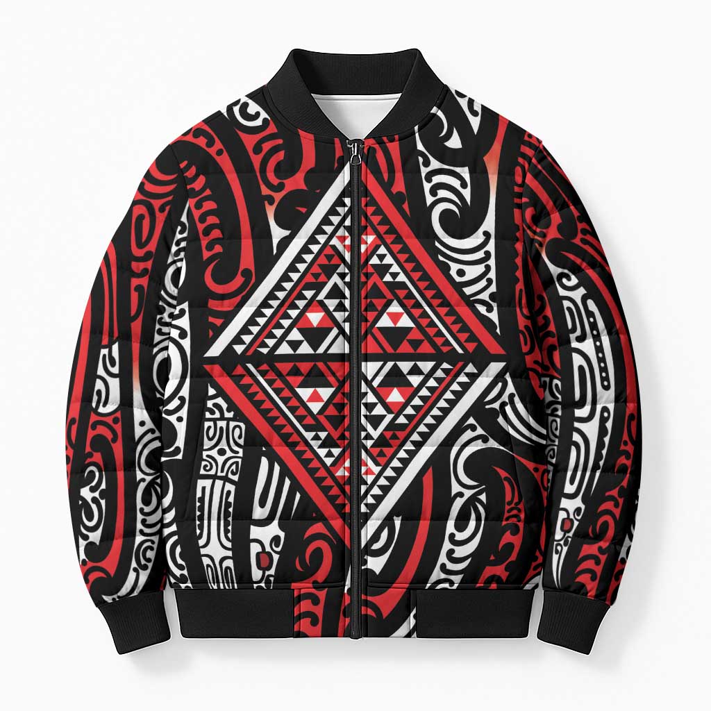 New Zealand Maori Taniko Bomber Puffer Jacket Red Kowhaiwhai Puhoro - Aussie Hoodie