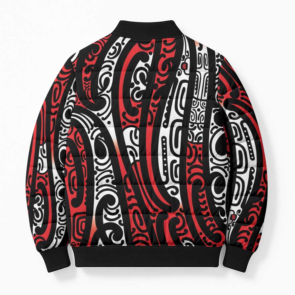 New Zealand Maori Taniko Bomber Puffer Jacket Red Kowhaiwhai Puhoro - Aussie Hoodie