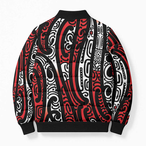 New Zealand Maori Taniko Bomber Puffer Jacket Red Kowhaiwhai Puhoro - Aussie Hoodie