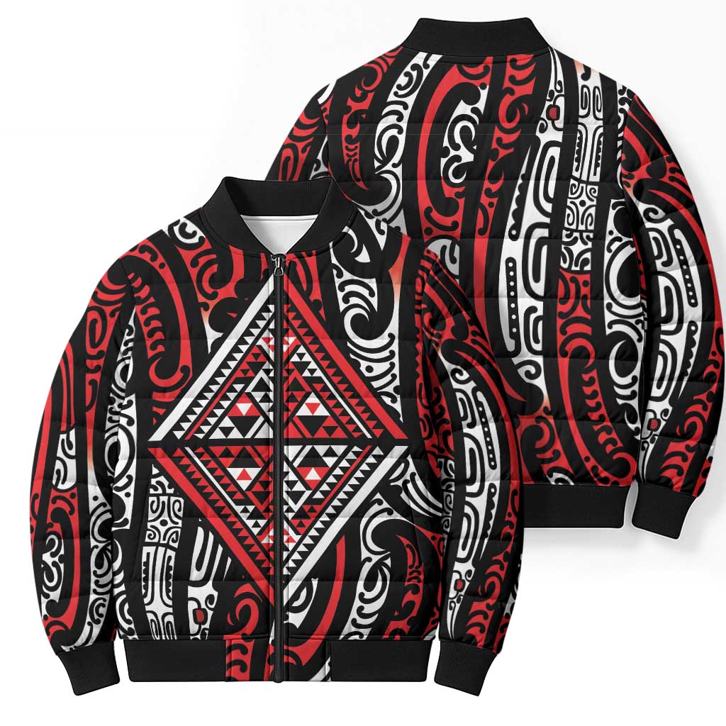 New Zealand Maori Taniko Bomber Puffer Jacket Red Kowhaiwhai Puhoro - Aussie Hoodie