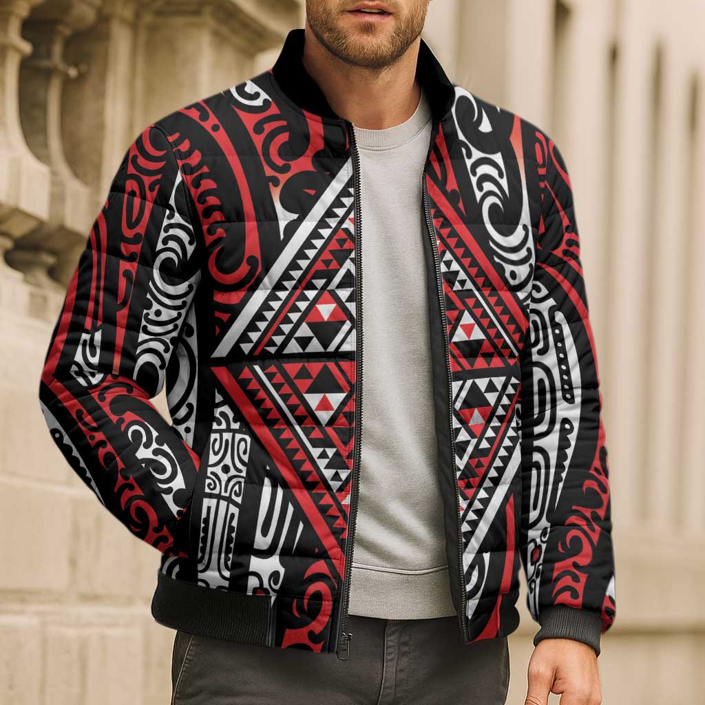 New Zealand Maori Taniko Bomber Puffer Jacket Red Kowhaiwhai Puhoro - Aussie Hoodie