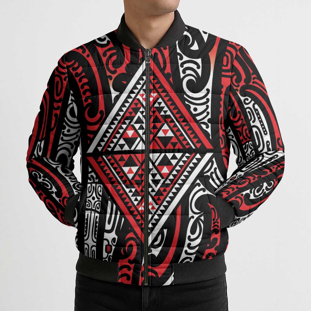 New Zealand Maori Taniko Bomber Puffer Jacket Red Kowhaiwhai Puhoro - Aussie Hoodie