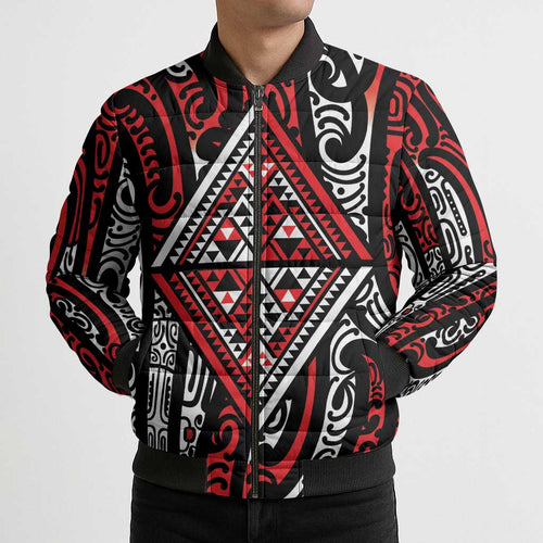 New Zealand Maori Taniko Bomber Puffer Jacket Red Kowhaiwhai Puhoro - Aussie Hoodie