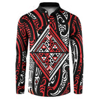 New Zealand Maori Taniko Button Sweatshirt Red Kowhaiwhai Puhoro