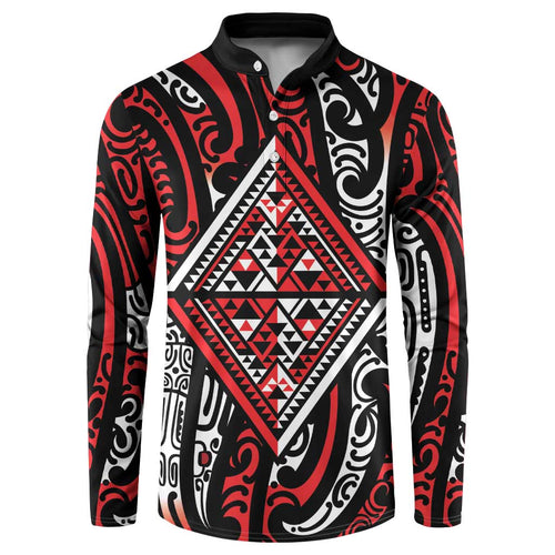 New Zealand Maori Taniko Button Sweatshirt Red Kowhaiwhai Puhoro