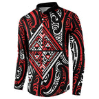 New Zealand Maori Taniko Button Sweatshirt Red Kowhaiwhai Puhoro