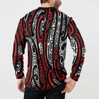 New Zealand Maori Taniko Button Sweatshirt Red Kowhaiwhai Puhoro