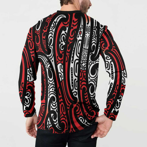 New Zealand Maori Taniko Button Sweatshirt Red Kowhaiwhai Puhoro
