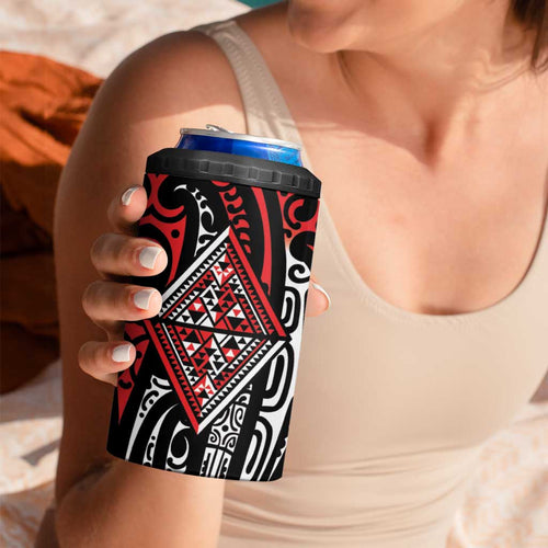 New Zealand Maori Taniko 4 in 1 Can Cooler Tumbler Red Kowhaiwhai Puhoro