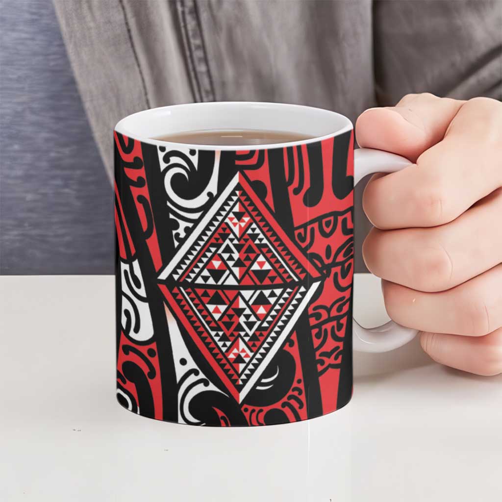 New Zealand Maori Taniko Ceramic Mug Red Kowhaiwhai Puhoro - Aussie Hoodie