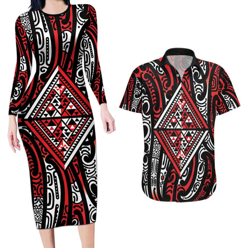 New Zealand Maori Taniko Couples Matching Long Sleeve Bodycon Dress and Hawaiian Shirt Red Kowhaiwhai Puhoro