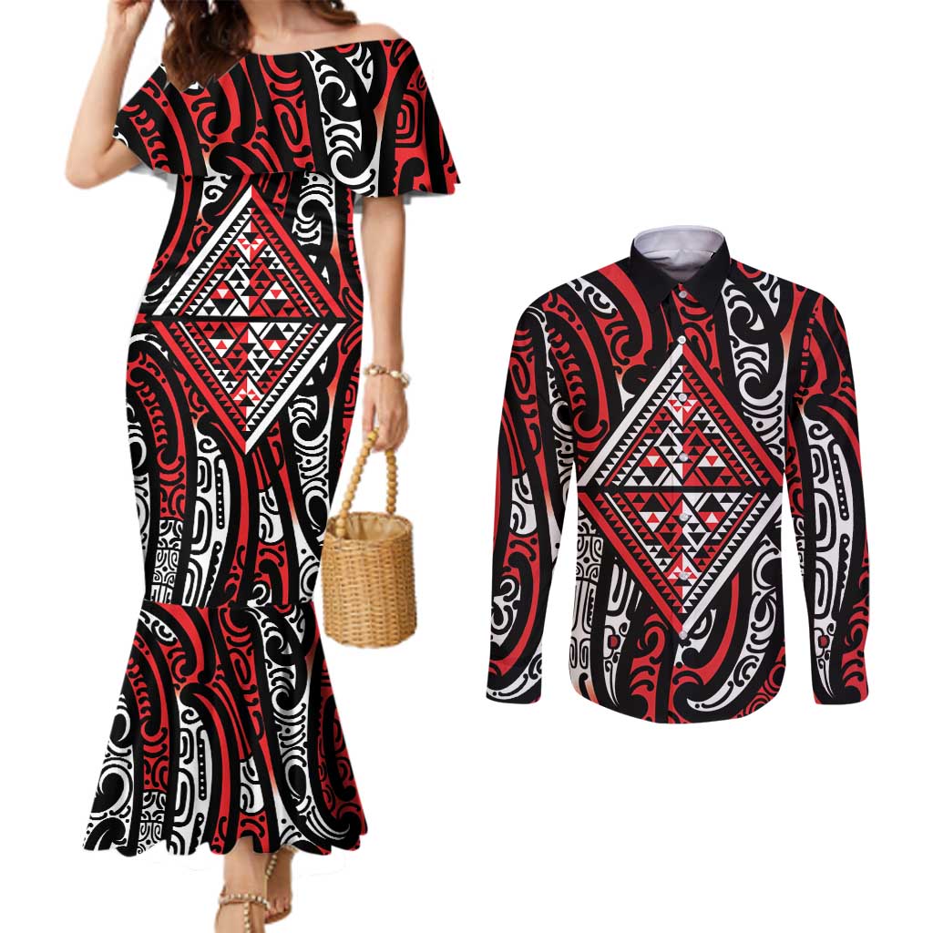 New Zealand Maori Taniko Couples Matching Mermaid Dress and Long Sleeve Button Shirt Red Kowhaiwhai Puhoro