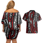 New Zealand Maori Taniko Couples Matching Off Shoulder Short Dress and Hawaiian Shirt Red Kowhaiwhai Puhoro