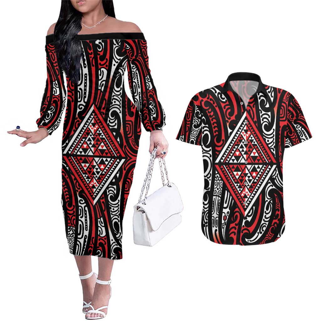 New Zealand Maori Taniko Couples Matching Off The Shoulder Long Sleeve Dress and Hawaiian Shirt Red Kowhaiwhai Puhoro
