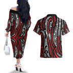 New Zealand Maori Taniko Couples Matching Off The Shoulder Long Sleeve Dress and Hawaiian Shirt Red Kowhaiwhai Puhoro