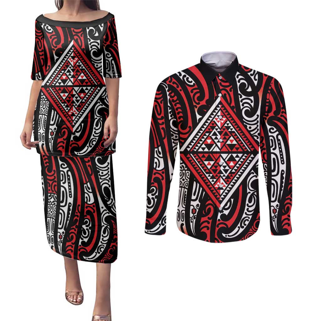 New Zealand Maori Taniko Couples Matching Puletasi and Long Sleeve Button Shirt Red Kowhaiwhai Puhoro