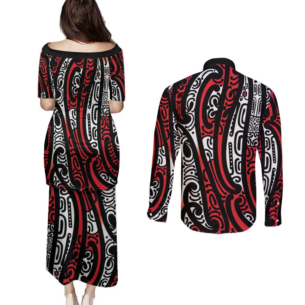 New Zealand Maori Taniko Couples Matching Puletasi and Long Sleeve Button Shirt Red Kowhaiwhai Puhoro
