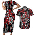 New Zealand Maori Taniko Couples Matching Short Sleeve Bodycon Dress and Hawaiian Shirt Red Kowhaiwhai Puhoro
