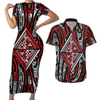 New Zealand Maori Taniko Couples Matching Short Sleeve Bodycon Dress and Hawaiian Shirt Red Kowhaiwhai Puhoro