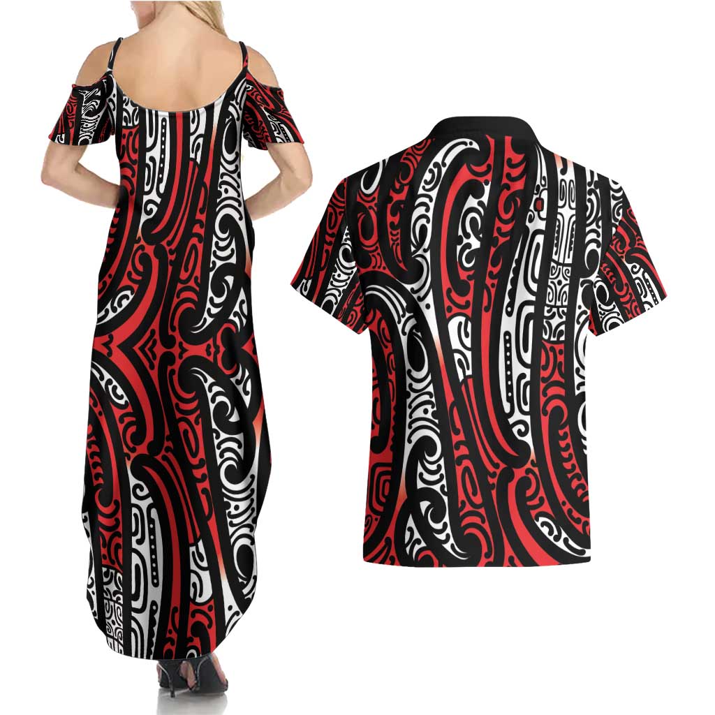 New Zealand Maori Taniko Couples Matching Summer Maxi Dress and Hawaiian Shirt Red Kowhaiwhai Puhoro