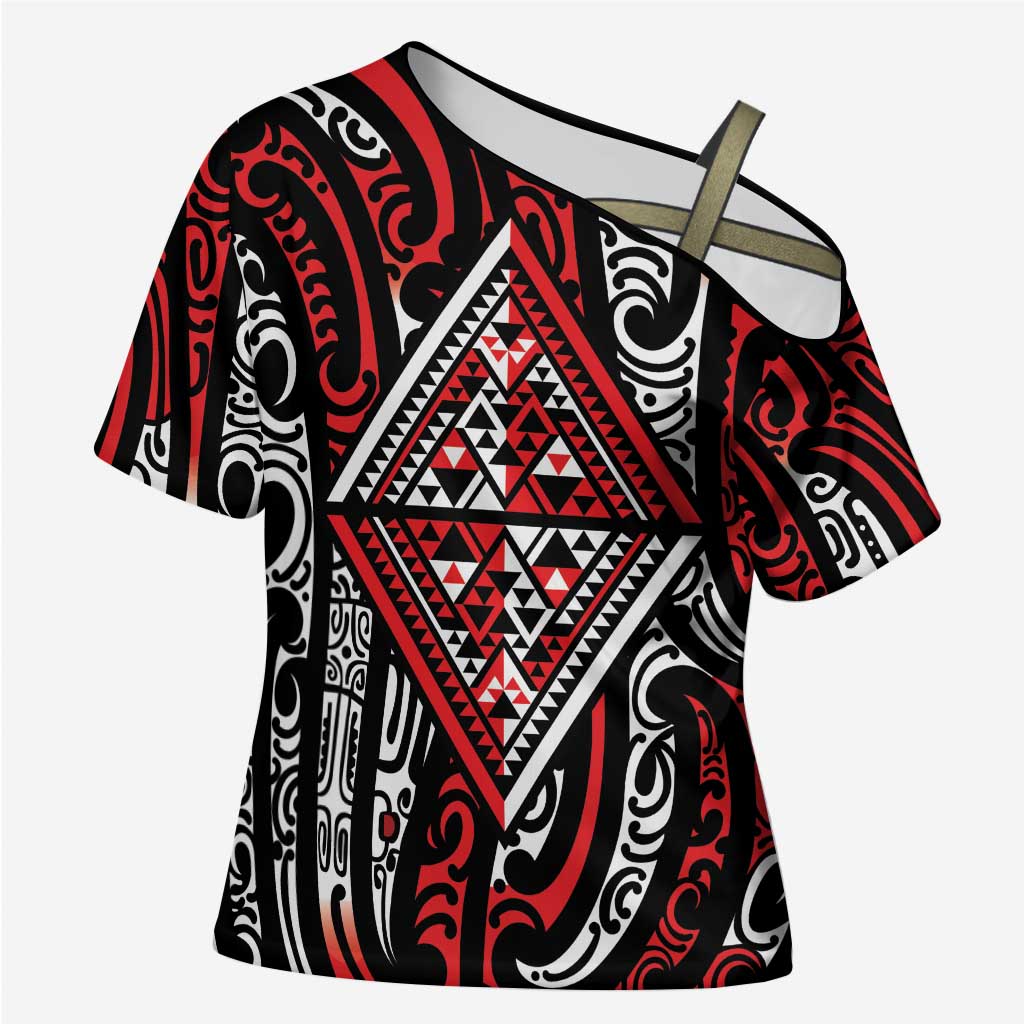 New Zealand Maori Taniko Cross Shoulder Shirt Red Kowhaiwhai Puhoro - Aussie Hoodie