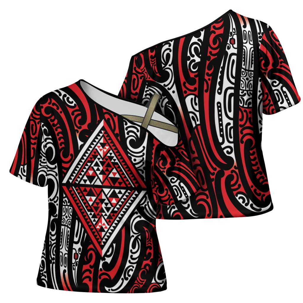 New Zealand Maori Taniko Cross Shoulder Shirt Red Kowhaiwhai Puhoro - Aussie Hoodie