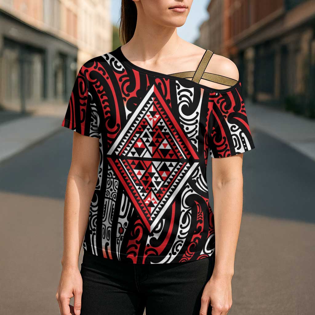 New Zealand Maori Taniko Cross Shoulder Shirt Red Kowhaiwhai Puhoro - Aussie Hoodie