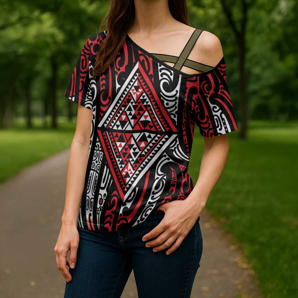 New Zealand Maori Taniko Cross Shoulder Shirt Red Kowhaiwhai Puhoro - Aussie Hoodie