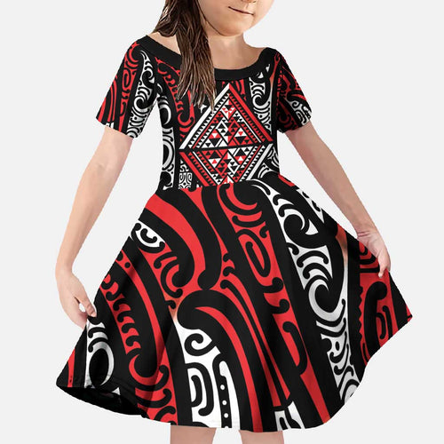 New Zealand Maori Taniko Family Matching Mermaid Dress and Hawaiian Shirt Red Kowhaiwhai Puhoro