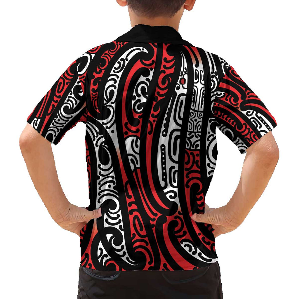 New Zealand Maori Taniko Family Matching Off The Shoulder Long Sleeve Dress and Hawaiian Shirt Red Kowhaiwhai Puhoro
