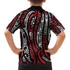 New Zealand Maori Taniko Family Matching Off The Shoulder Long Sleeve Dress and Hawaiian Shirt Red Kowhaiwhai Puhoro