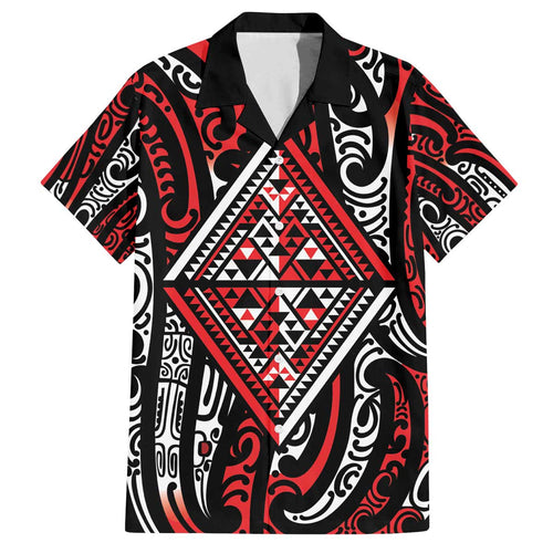 New Zealand Maori Taniko Family Matching Off The Shoulder Long Sleeve Dress and Hawaiian Shirt Red Kowhaiwhai Puhoro