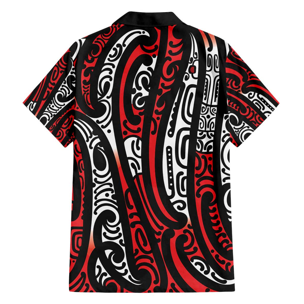 New Zealand Maori Taniko Family Matching Off The Shoulder Long Sleeve Dress and Hawaiian Shirt Red Kowhaiwhai Puhoro