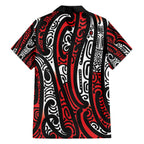 New Zealand Maori Taniko Family Matching Off The Shoulder Long Sleeve Dress and Hawaiian Shirt Red Kowhaiwhai Puhoro