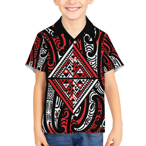 New Zealand Maori Taniko Family Matching Off The Shoulder Long Sleeve Dress and Hawaiian Shirt Red Kowhaiwhai Puhoro