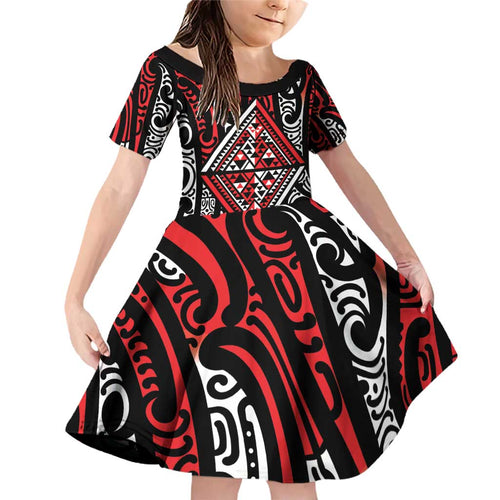 New Zealand Maori Taniko Family Matching Off Shoulder Short Dress and Hawaiian Shirt Red Kowhaiwhai Puhoro