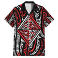 New Zealand Maori Taniko Family Matching Off Shoulder Short Dress and Hawaiian Shirt Red Kowhaiwhai Puhoro