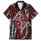 New Zealand Maori Taniko Family Matching Off Shoulder Short Dress and Hawaiian Shirt Red Kowhaiwhai Puhoro