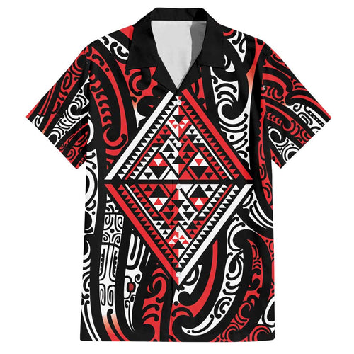 New Zealand Maori Taniko Family Matching Off Shoulder Short Dress and Hawaiian Shirt Red Kowhaiwhai Puhoro